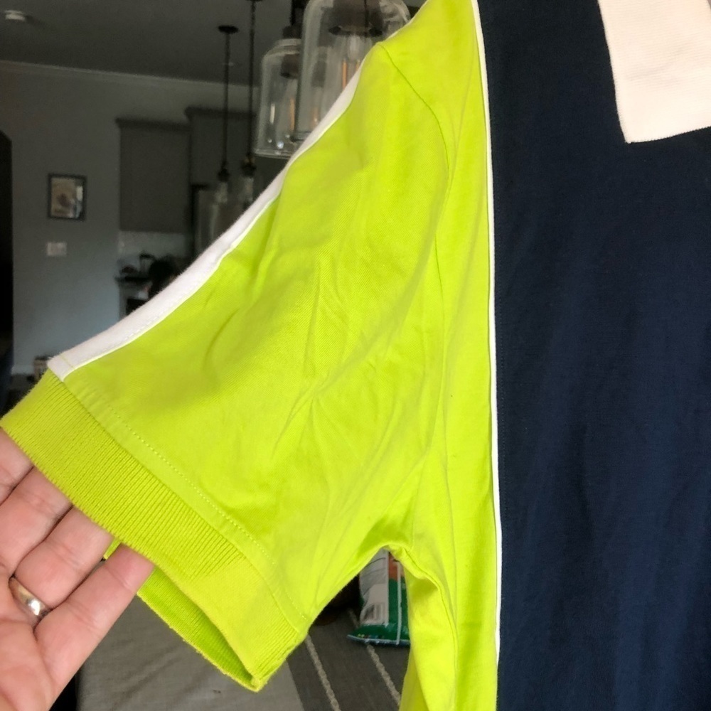 Mens Retro Fox Polo in Highlighter Yellow and Navy Colorblock Size XL 80s - Picture 4 of 8